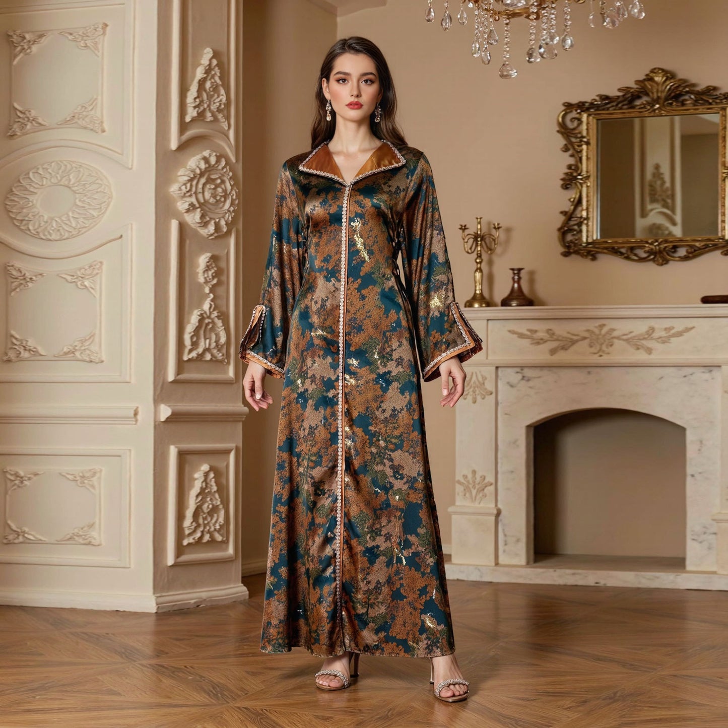 Elegant Women's Printed Beaded Long Dress