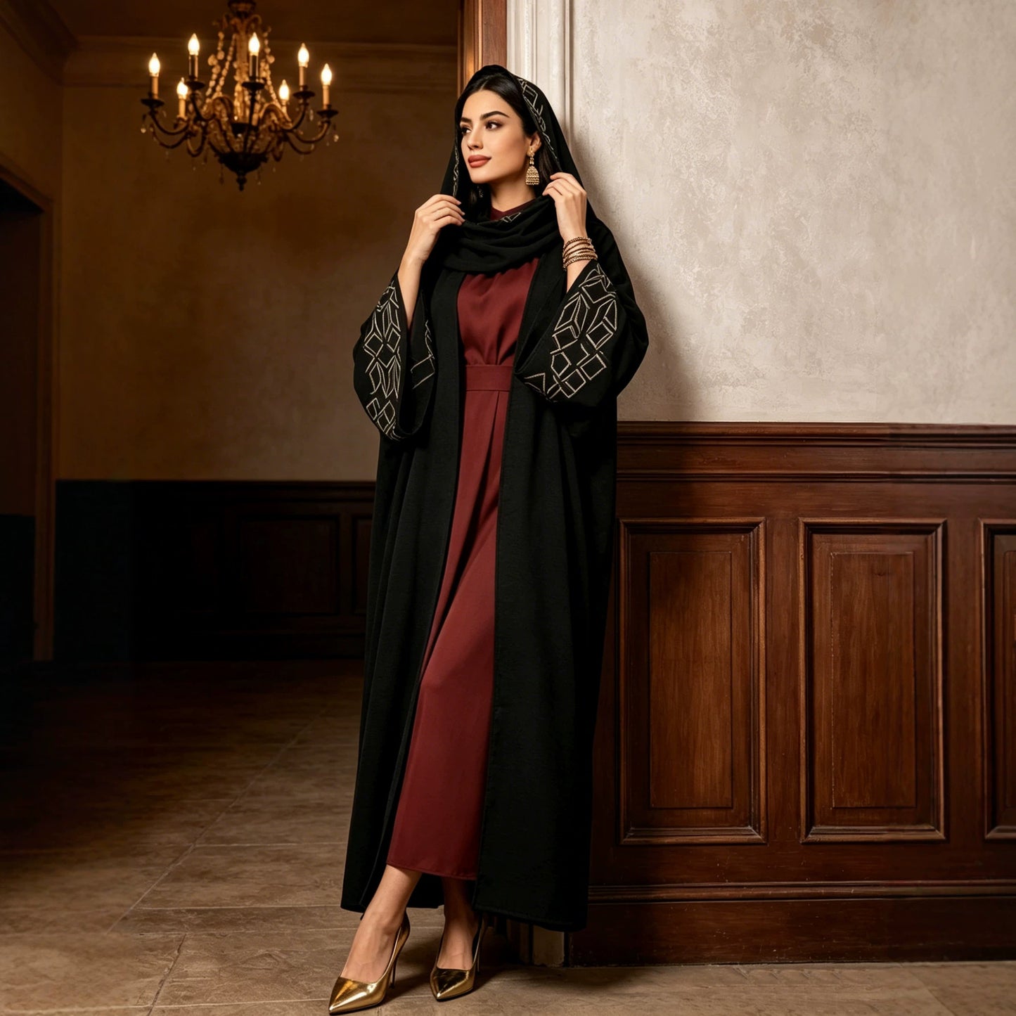 Dress with Long Sleeve and Headscarf, Black Women's Robe Style Dress