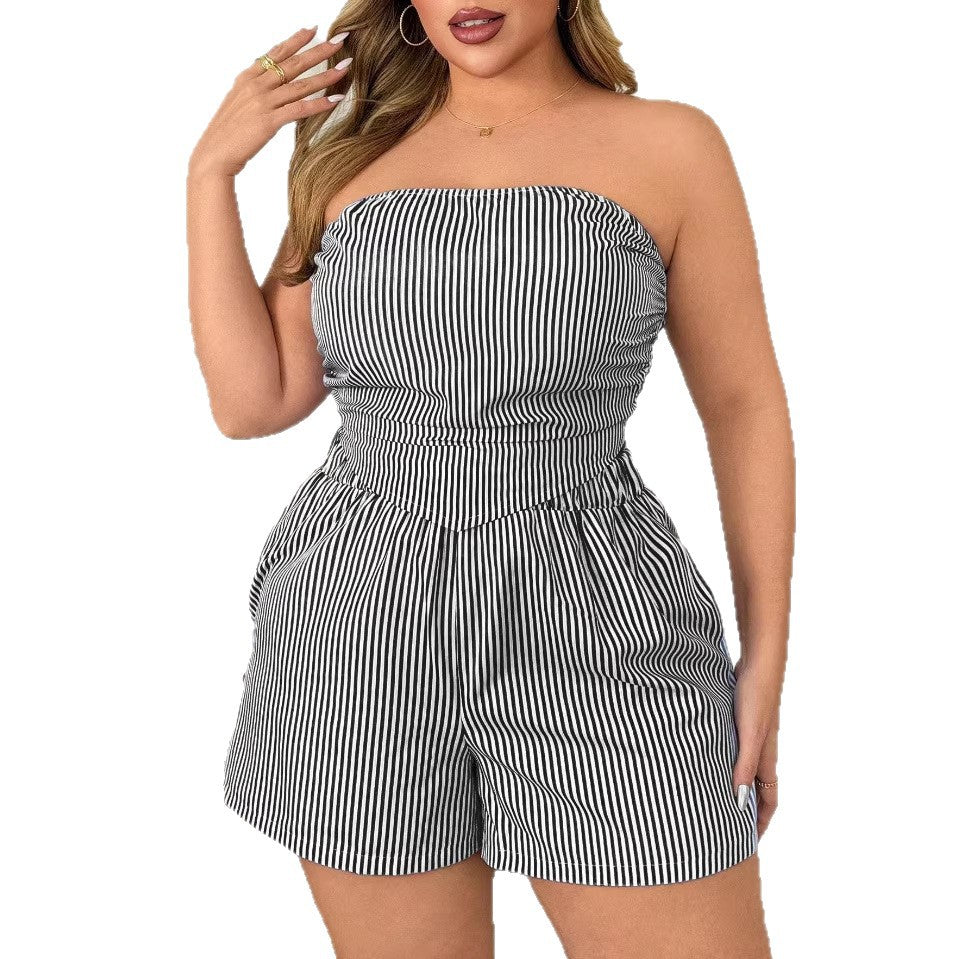 New Women's Sexy Striped Crop Top and Shorts Two-piece Set