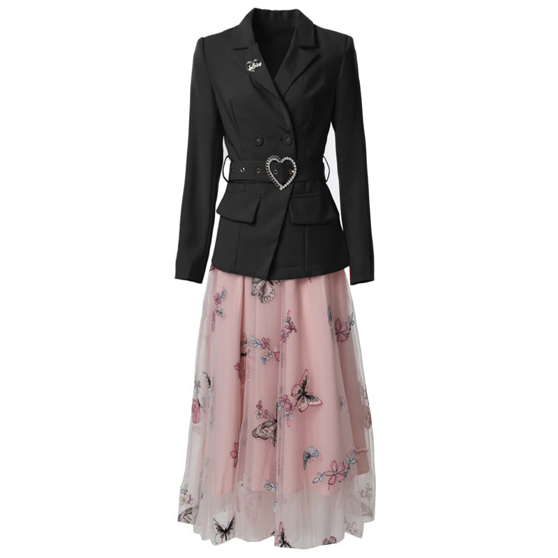 Lapel Belted Long Sleeve Suit Jacket + Mesh Skirt Set Women's European and American Style Autumn Winter