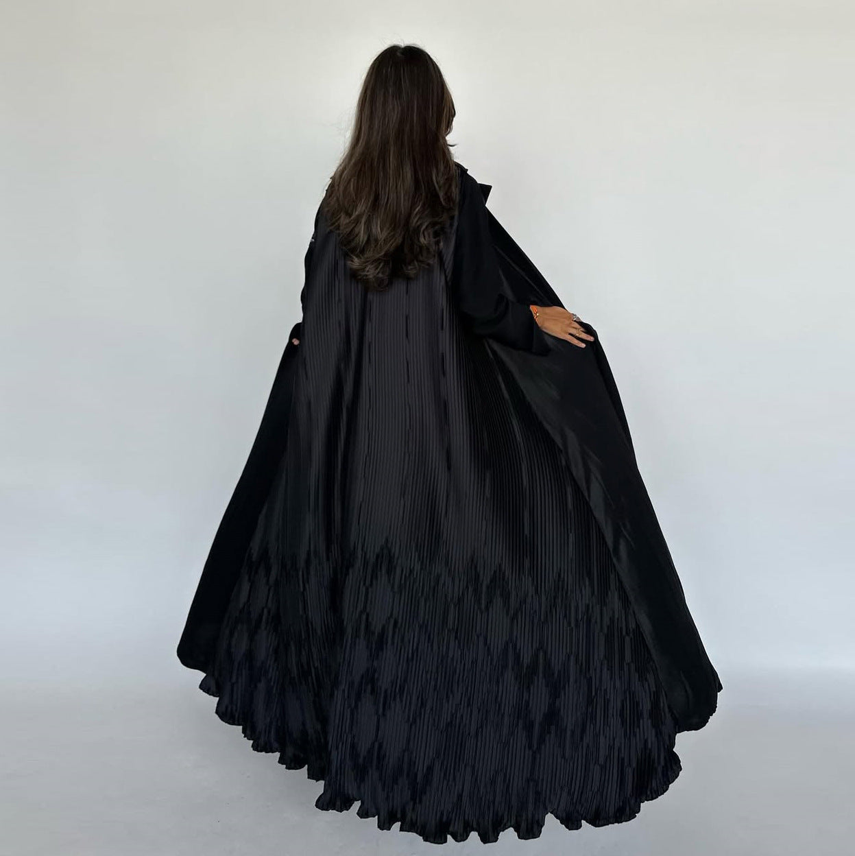 Black suit collar pleated patchwork long cardigan jacket
