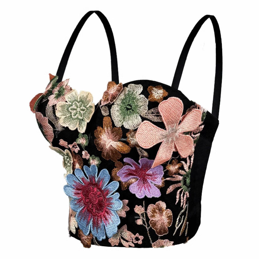 Vintage Embroidered Floral Tube Top with Built-in Pads and Boning Support
