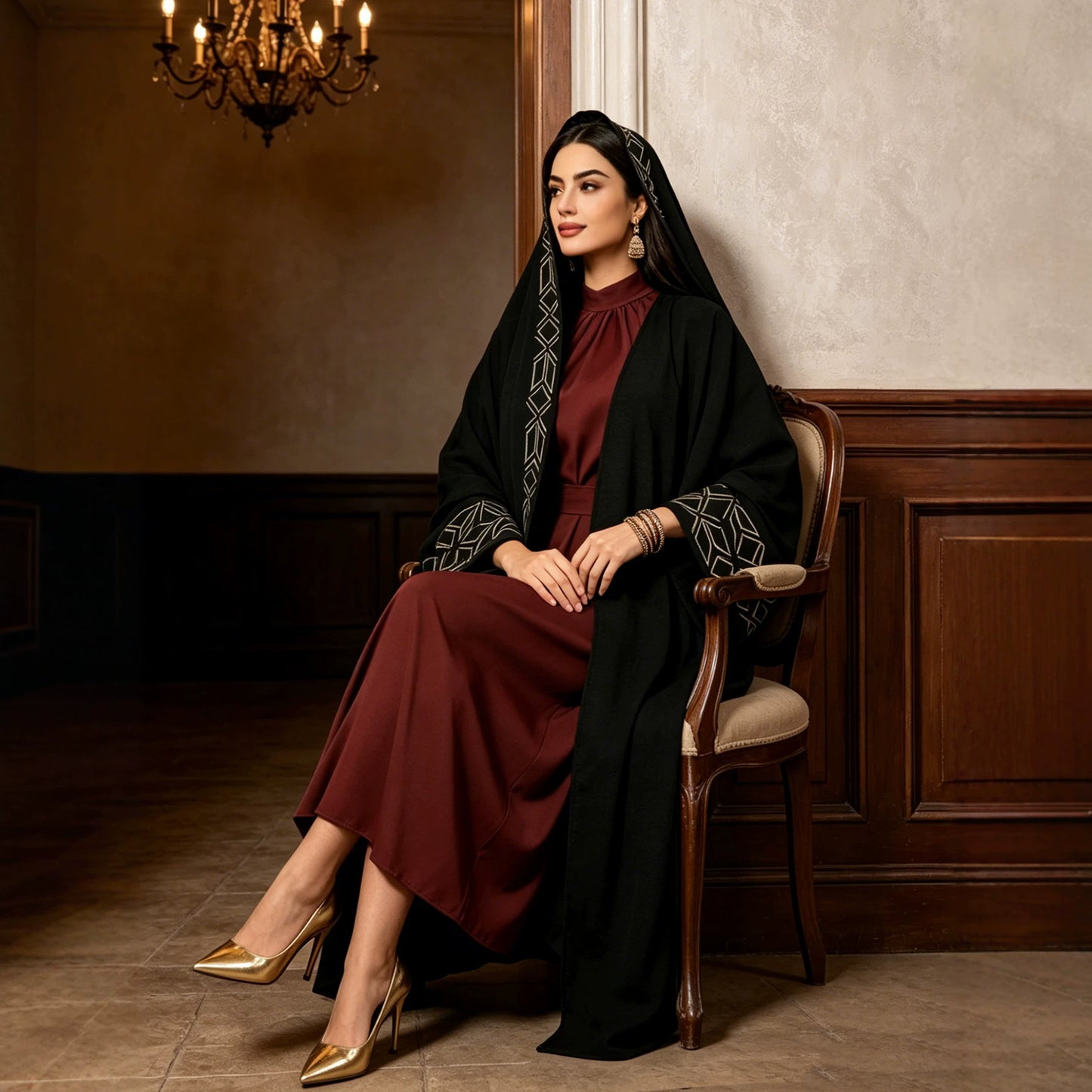 Dress with Long Sleeve and Headscarf, Black Women's Robe Style Dress
