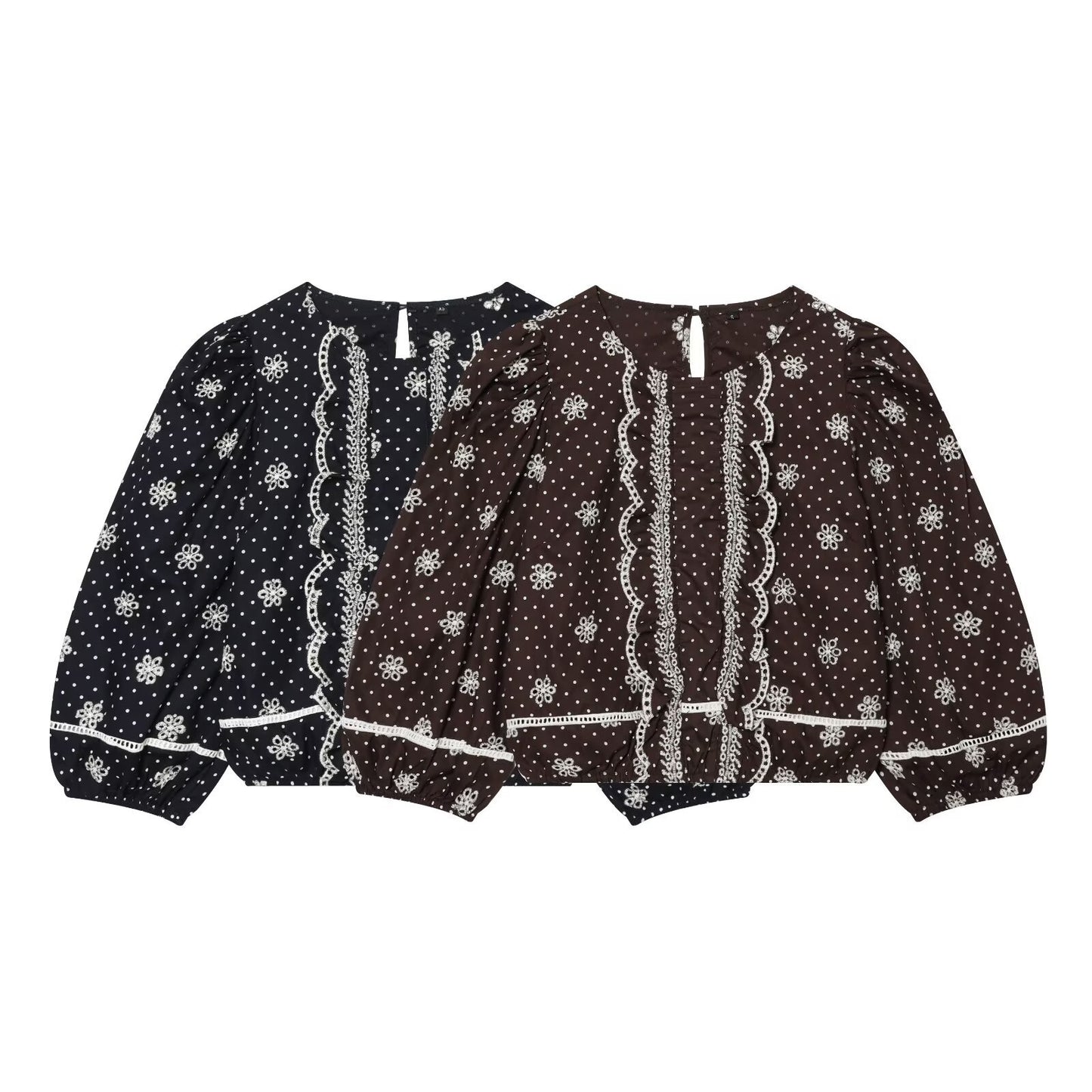 Retro style hollowed out embroidered polka dot shirt