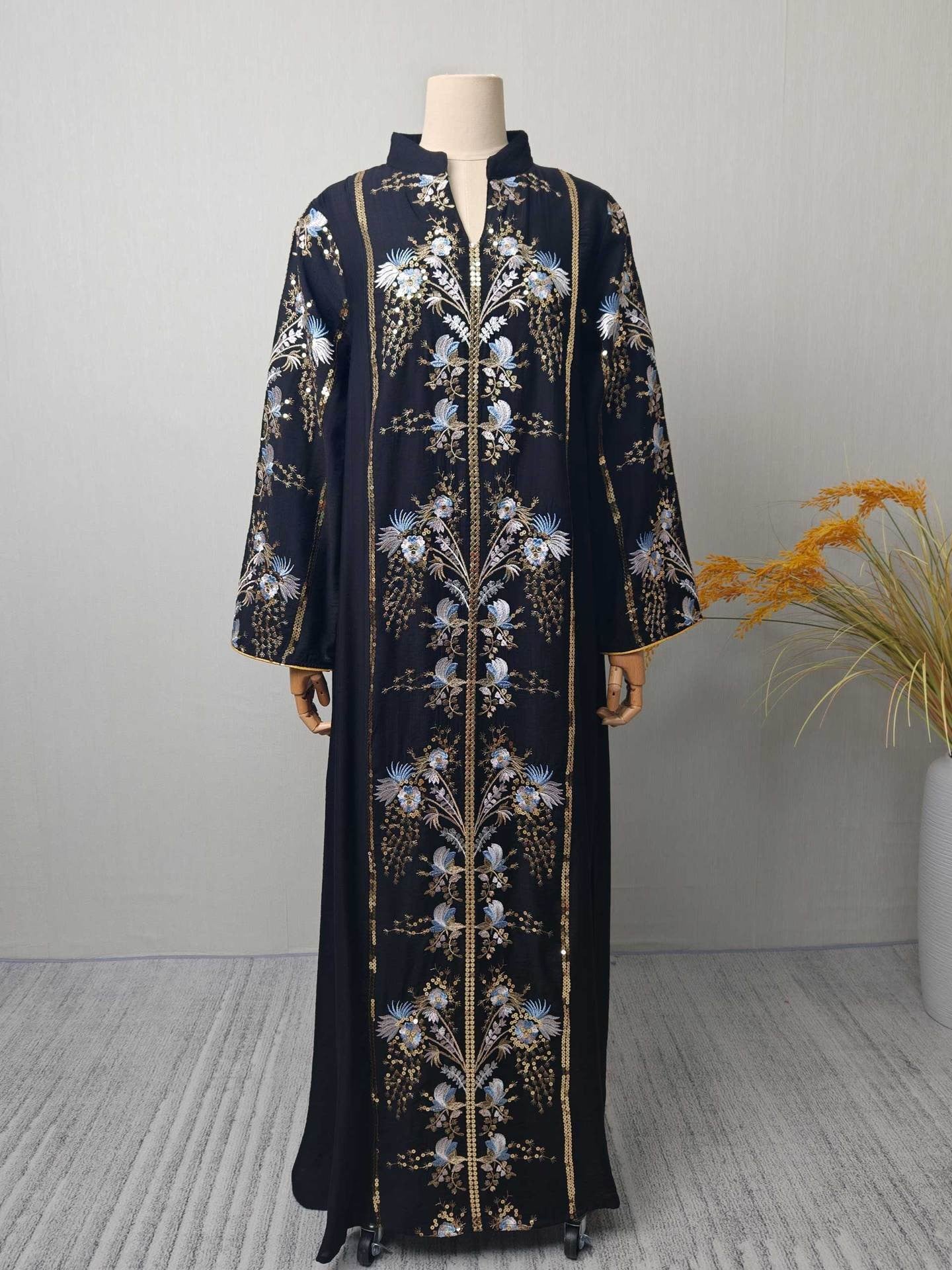 V-Neck Long Dress with Floral Pattern