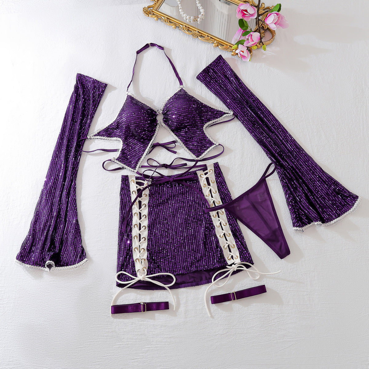 Hollow neck hanging bow vest sexy spicy girl tie without steel ring underwear short skirt set