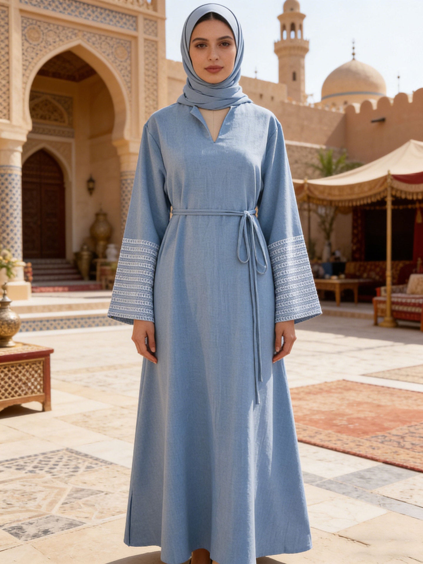 Oversized Dress with Heavy Embroidery and Tie-up Long Skirt for Women