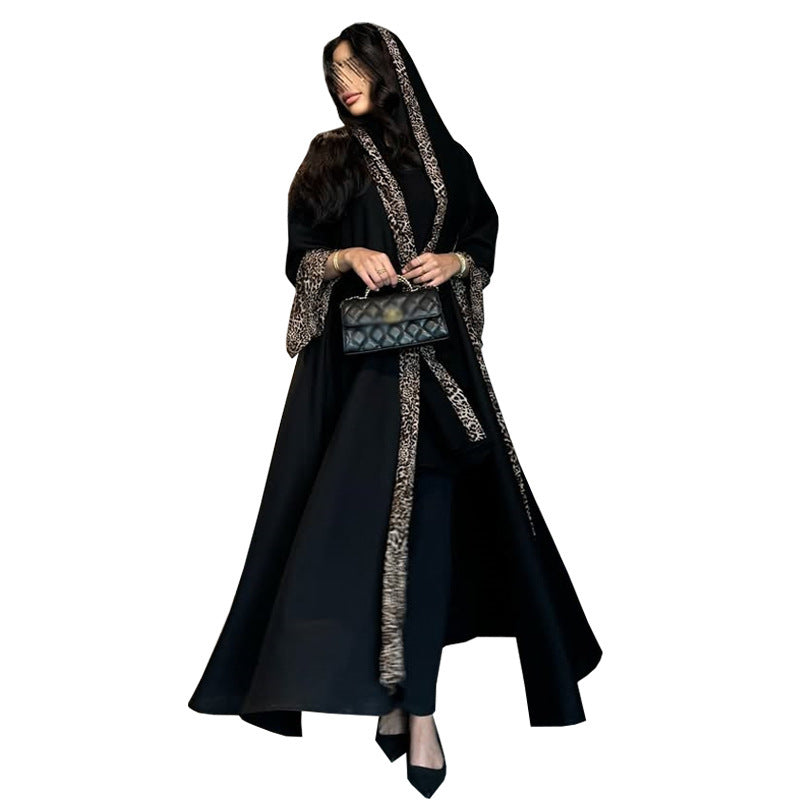 Two piece set of women's leopard print spliced split flared sleeve cardigan and headscarf