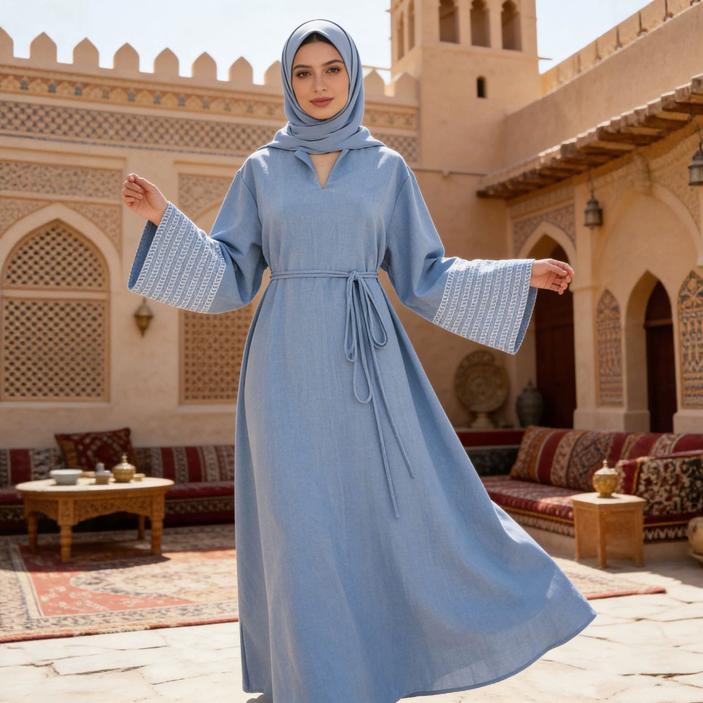 Oversized Dress with Heavy Embroidery and Tie-up Long Skirt for Women