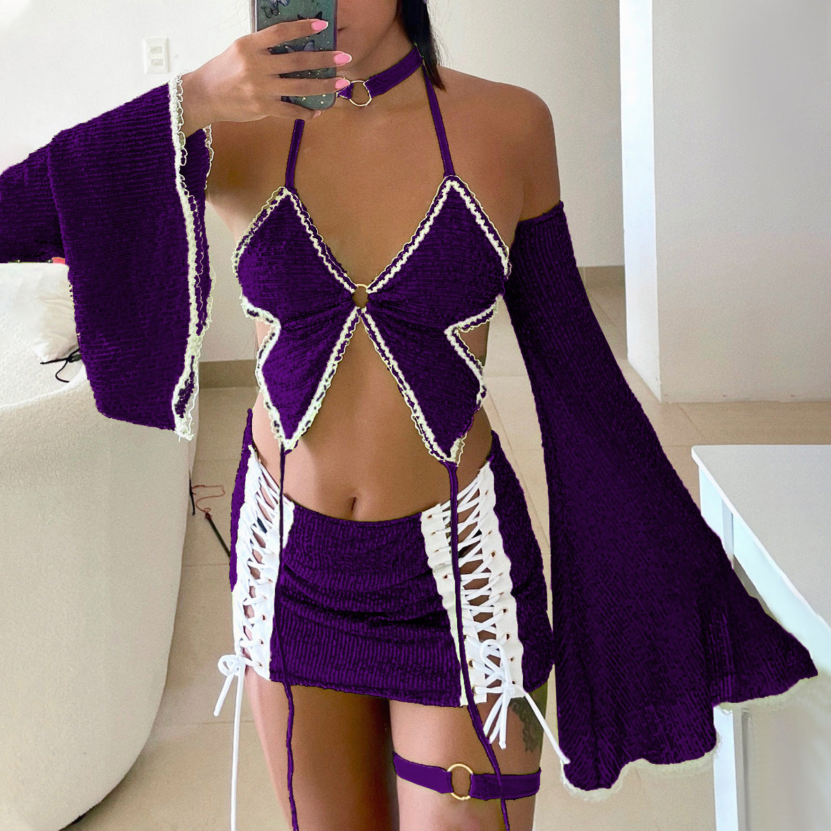 Hollow neck hanging bow vest sexy spicy girl tie without steel ring underwear short skirt set
