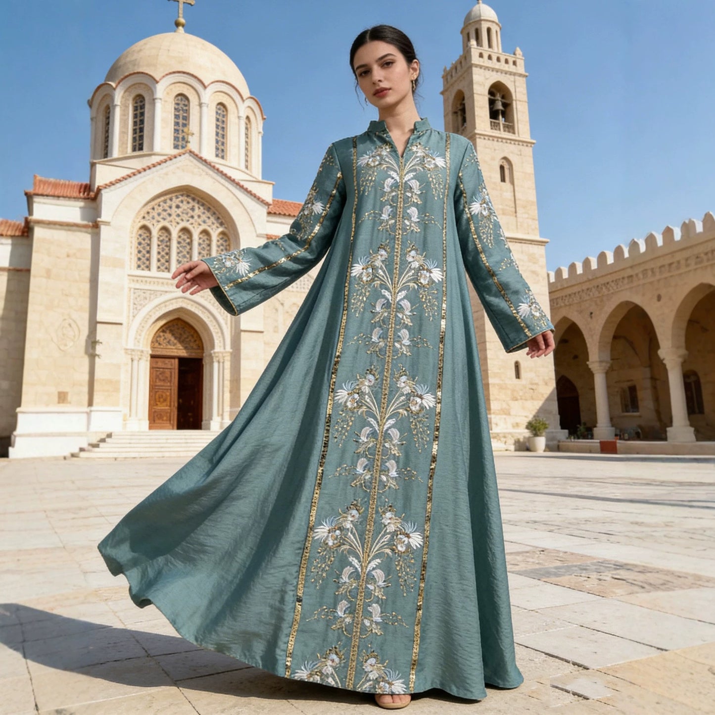 V-Neck Long Dress with Floral Pattern