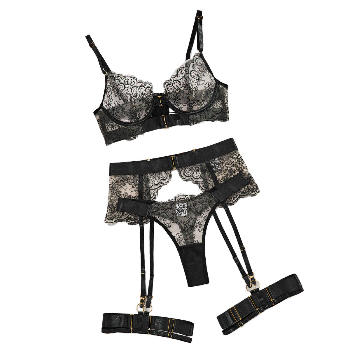 Sexy Lingerie Set for Women - Transparent Embroidered Eyelash Lace Shapewear Four-Piece Suit