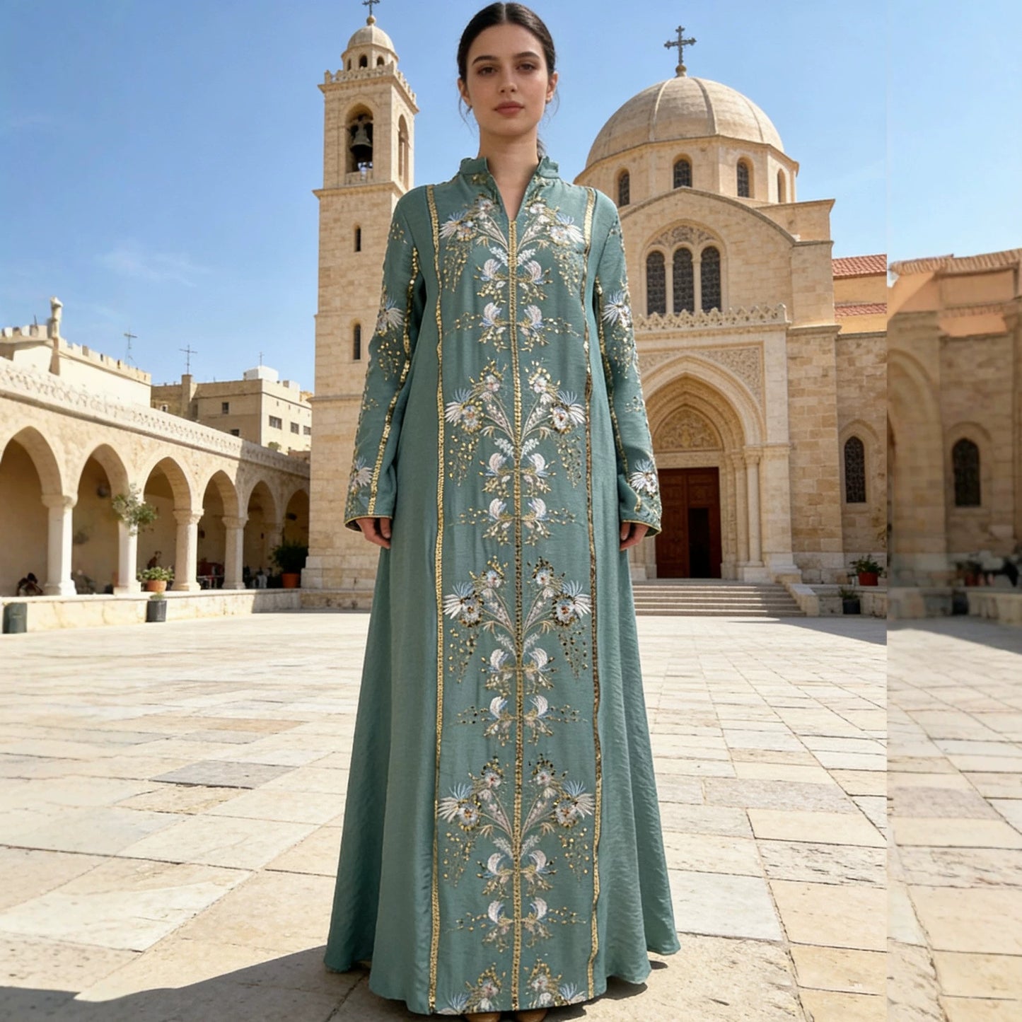 V-Neck Long Dress with Floral Pattern