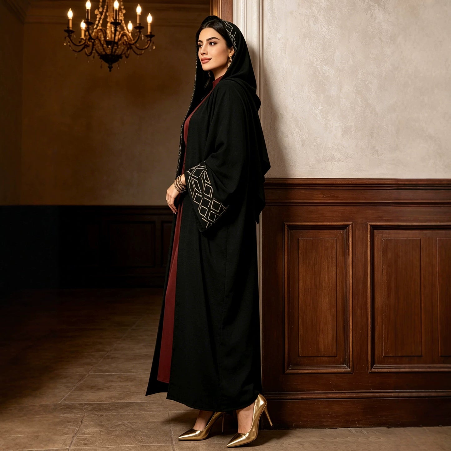 Dress with Long Sleeve and Headscarf, Black Women's Robe Style Dress