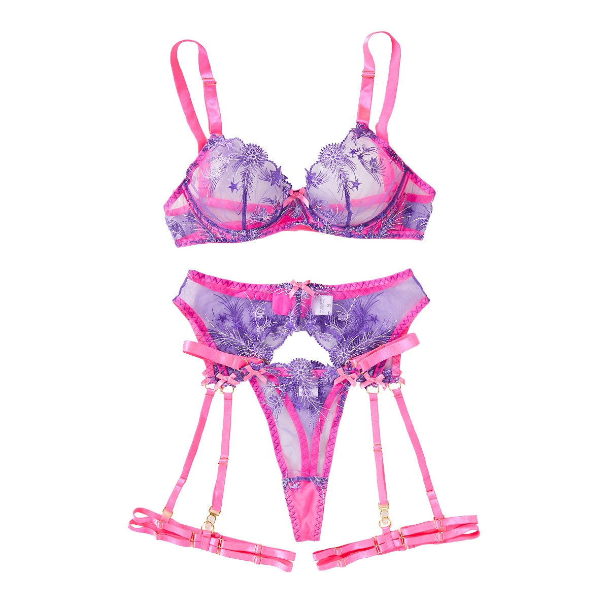 Low cut bra set with steel rims gathered for fashionable color blocking and fun lingerie underwear four piece set
