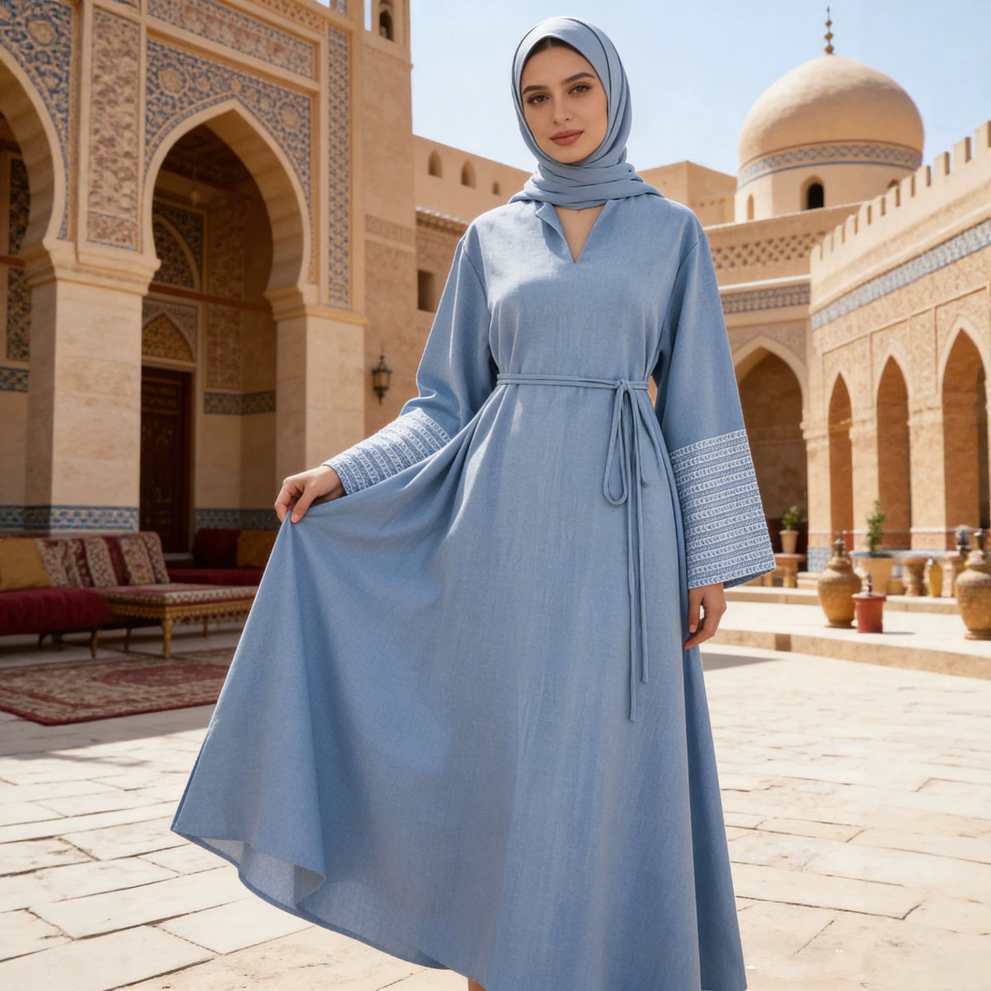 Oversized Dress with Heavy Embroidery and Tie-up Long Skirt for Women
