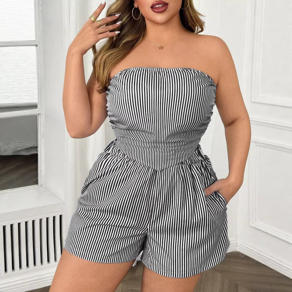 New  Women's Sexy Striped Crop Top and Shorts Two-piece Set
