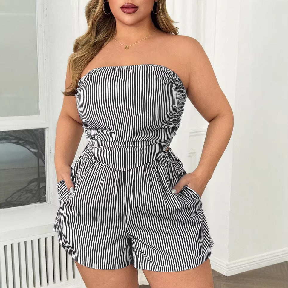 New  Women's Sexy Striped Crop Top and Shorts Two-piece Set