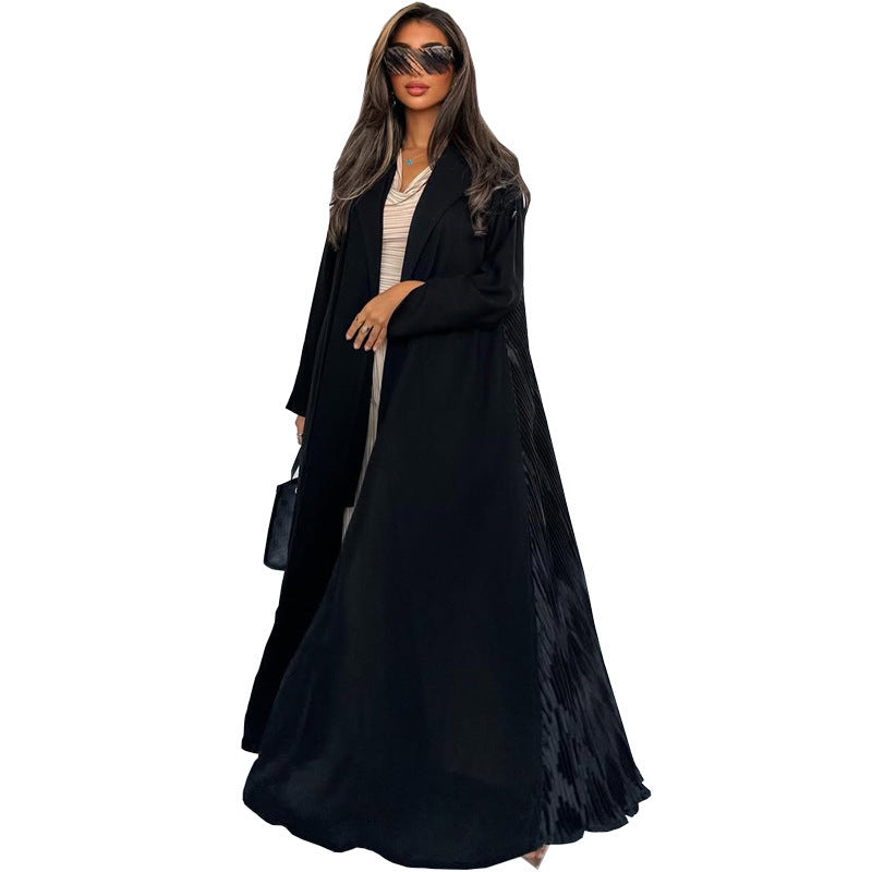 Black suit collar pleated patchwork long cardigan jacket