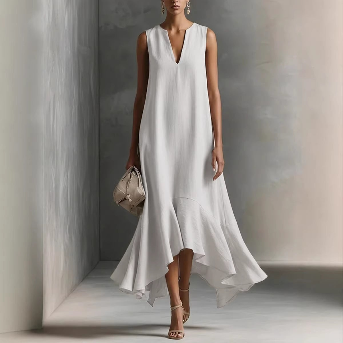 Fashion Deep V-Neck Sleeveless Elegant Slim-Fitting Irregular Hem Dress