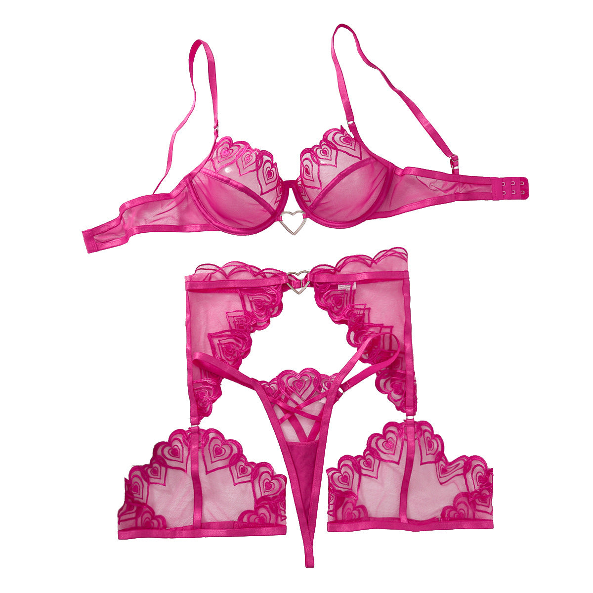 Love embroidery perspective mesh fun lingerie thong three piece set with steel ring