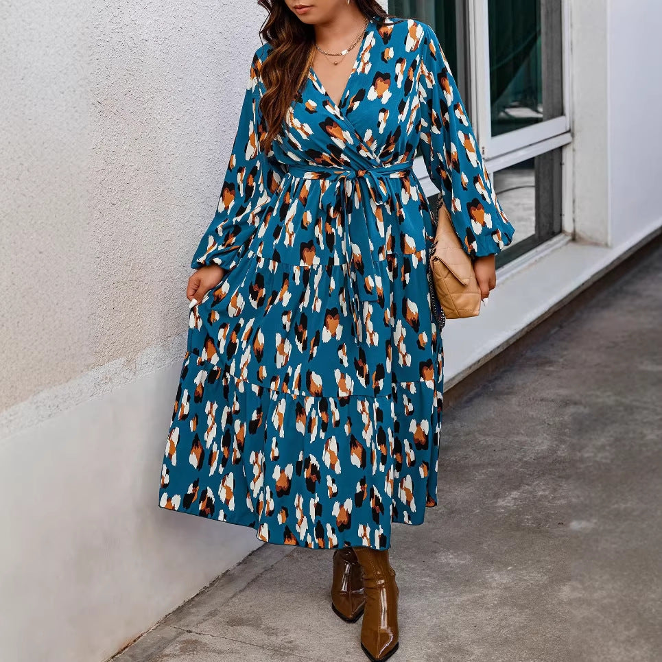 Elegant V-Neck Printed Long Sleeve Dress for Women