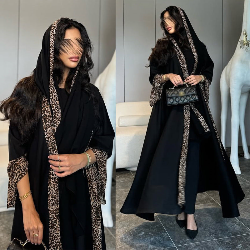 Two piece set of women's leopard print spliced split flared sleeve cardigan and headscarf