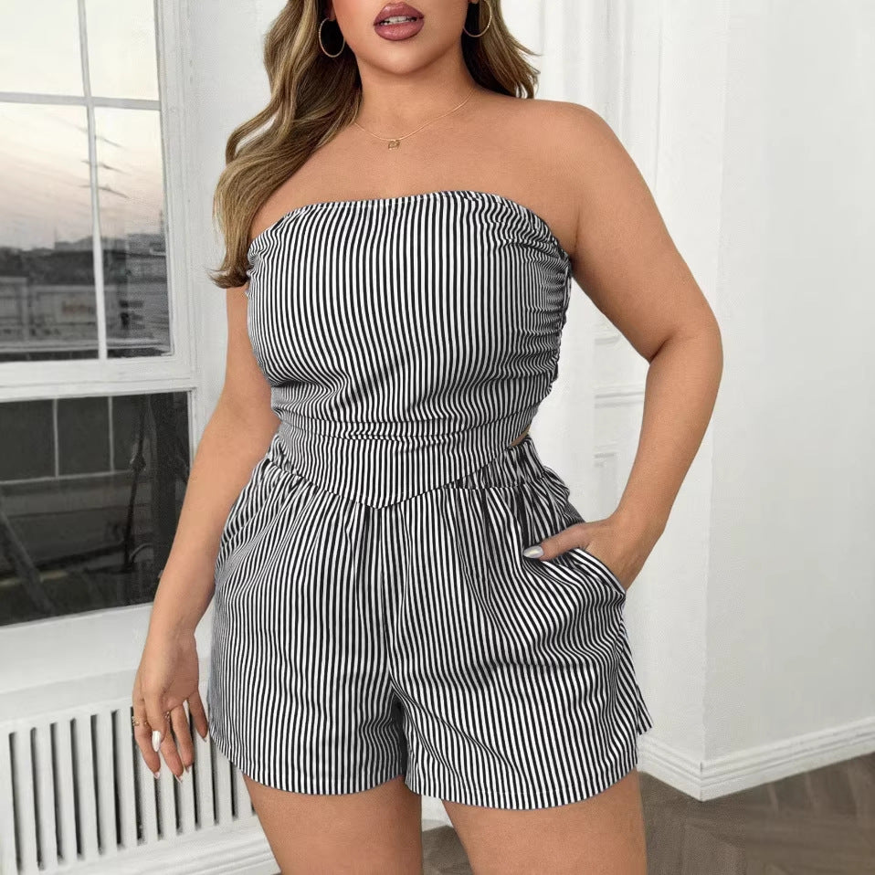 New  Women's Sexy Striped Crop Top and Shorts Two-piece Set