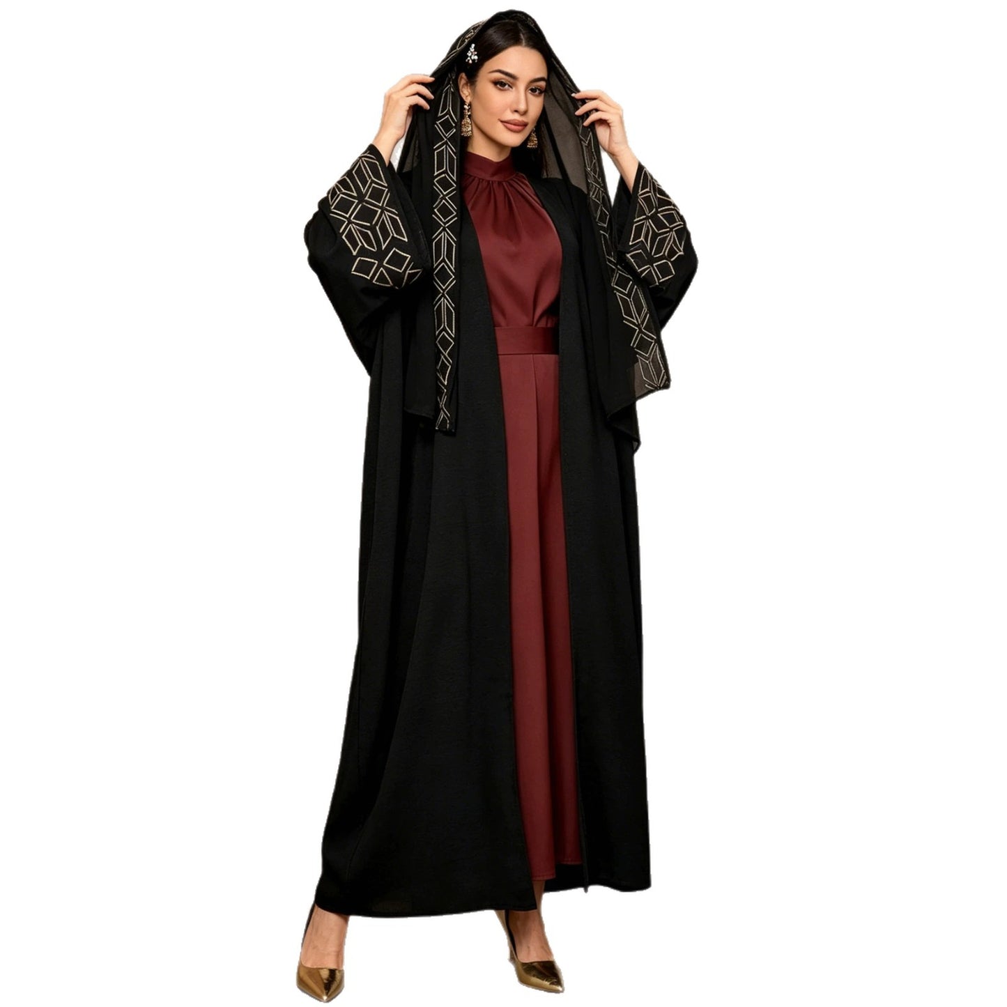 Dress with Long Sleeve and Headscarf, Black Women's Robe Style Dress