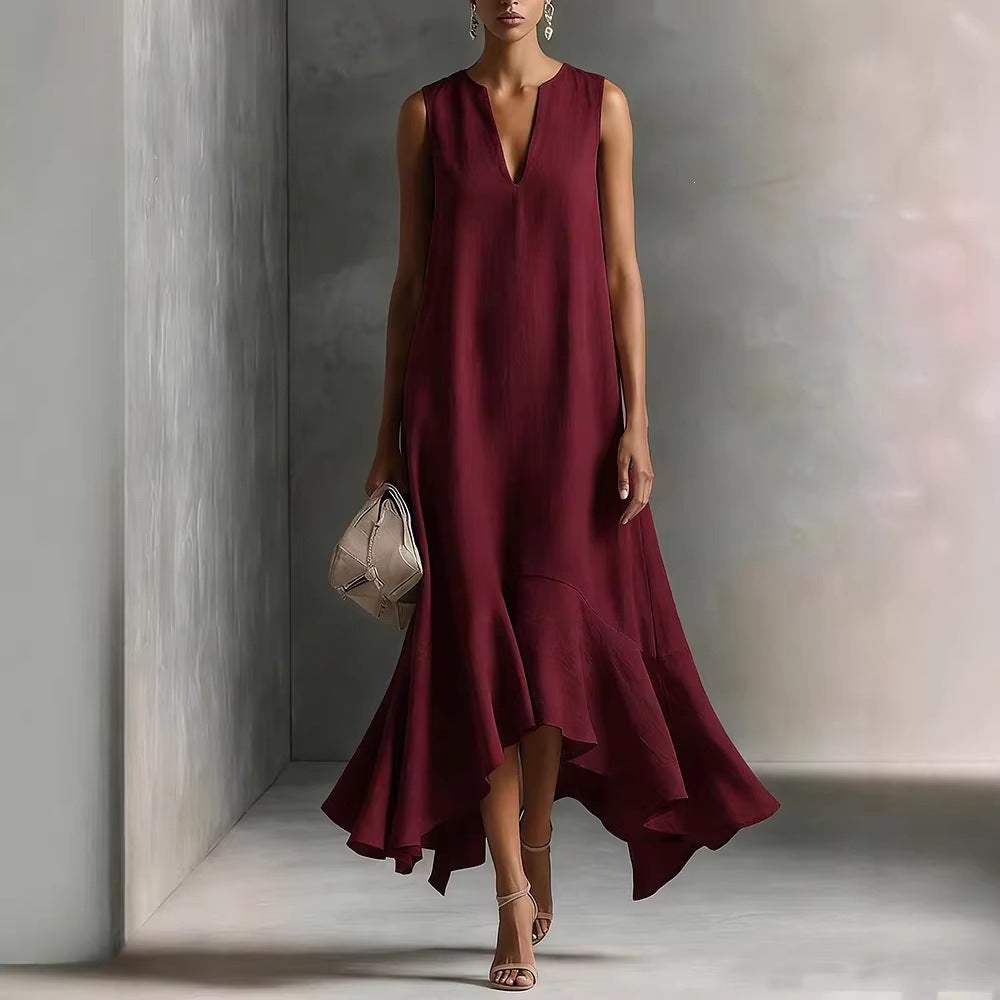 Fashion Deep V-Neck Sleeveless Elegant Slim-Fitting Irregular Hem Dress