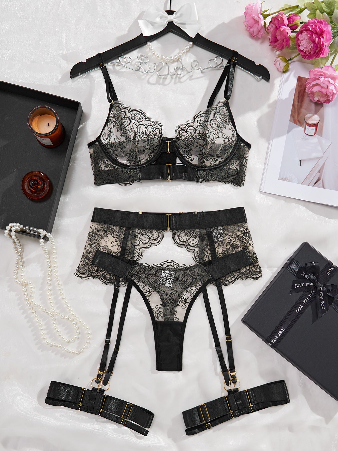 Sexy Lingerie Set for Women - Transparent Embroidered Eyelash Lace Shapewear Four-Piece Suit