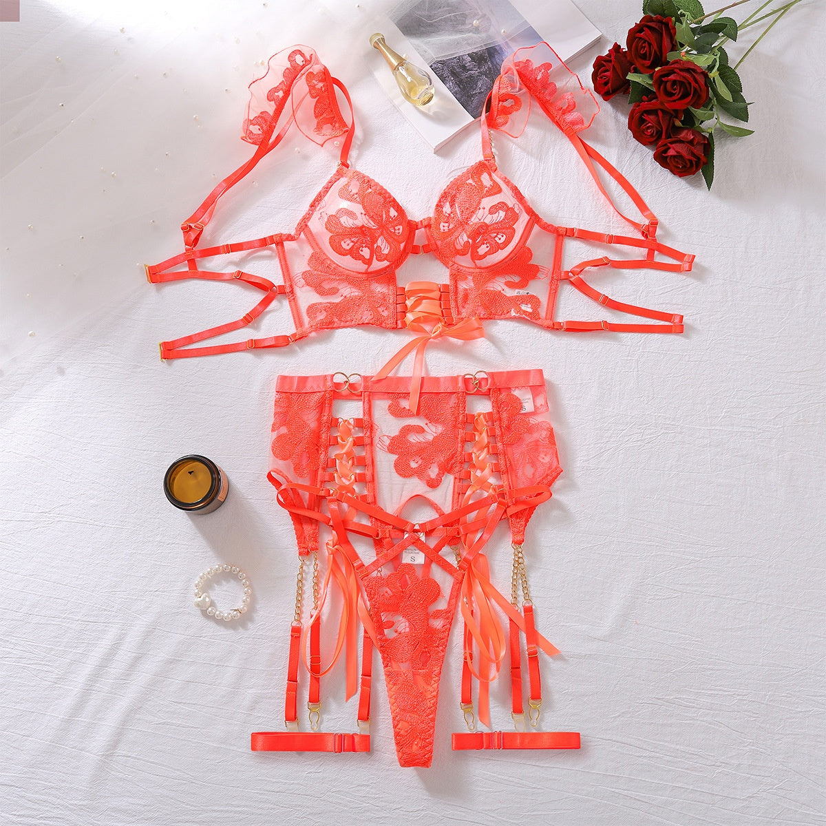 Embroidered perspective ultra-thin bra with flying shoulder straps hollowed out shaping and sexy suit for women