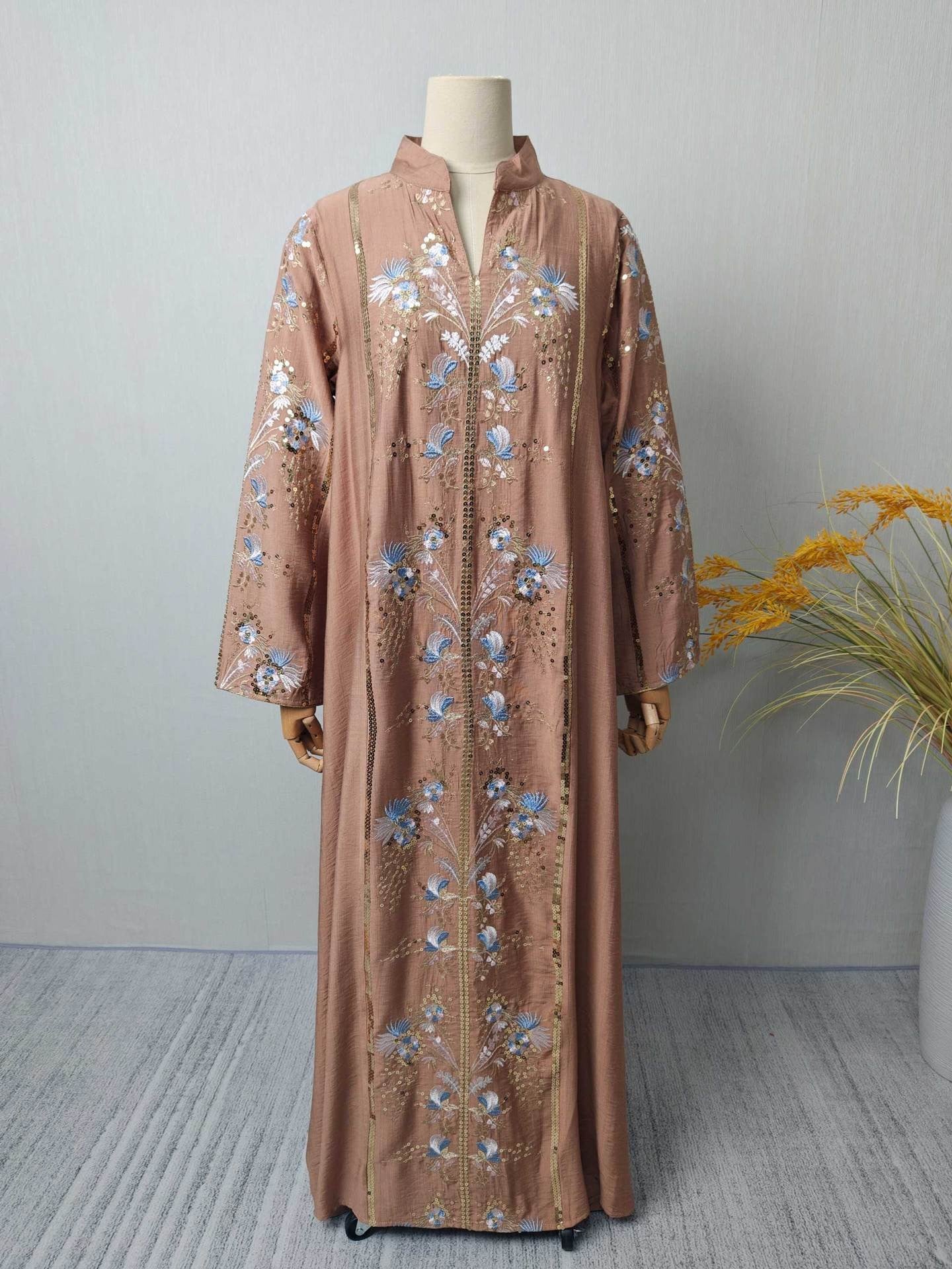 V-Neck Long Dress with Floral Pattern