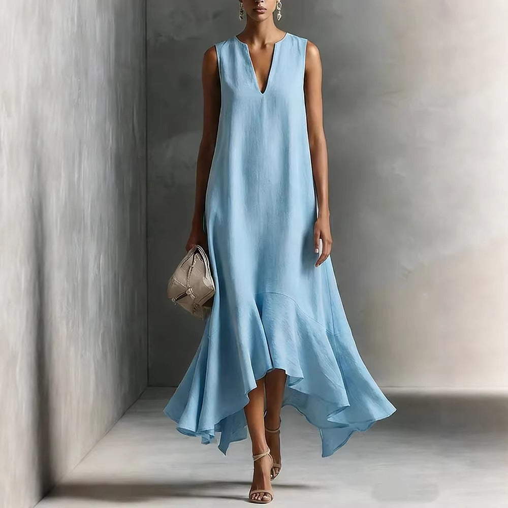 Fashion Deep V-Neck Sleeveless Elegant Slim-Fitting Irregular Hem Dress