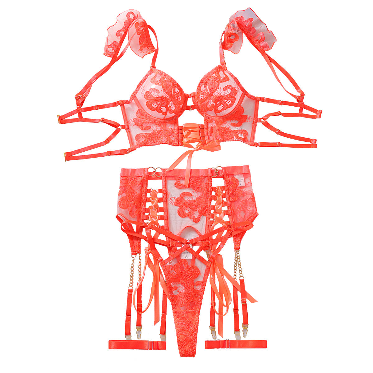 Embroidered perspective ultra-thin bra with flying shoulder straps hollowed out shaping and sexy suit for women