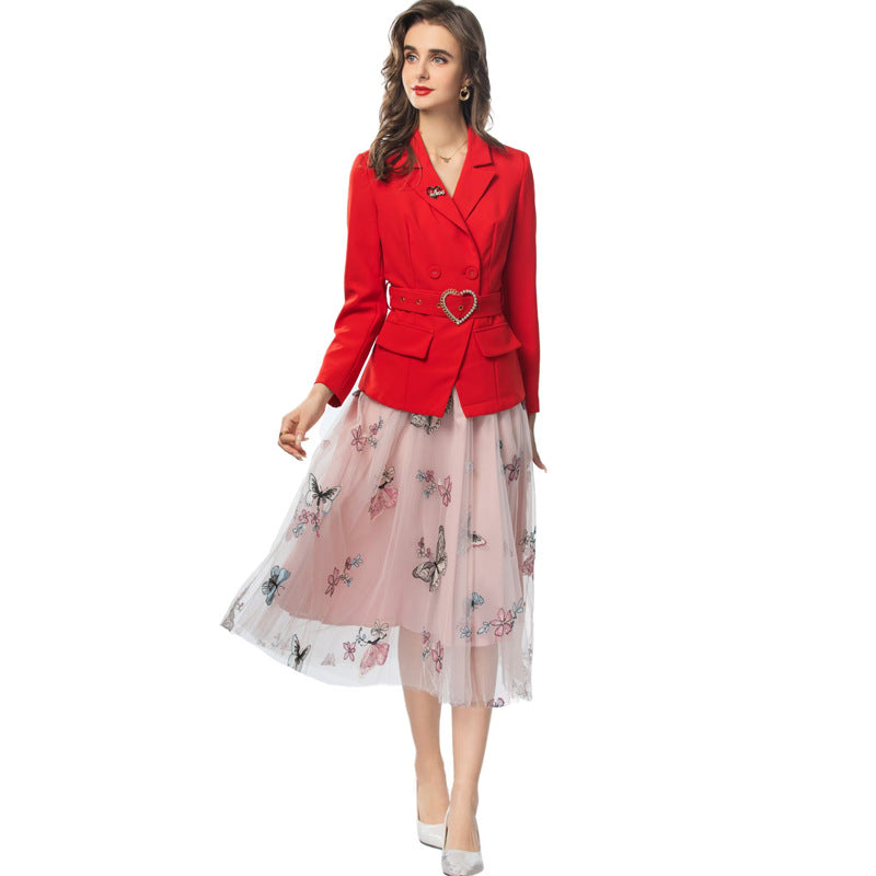 Lapel Belted Long Sleeve Suit Jacket + Mesh Skirt Set Women's European and American Style Autumn Winter