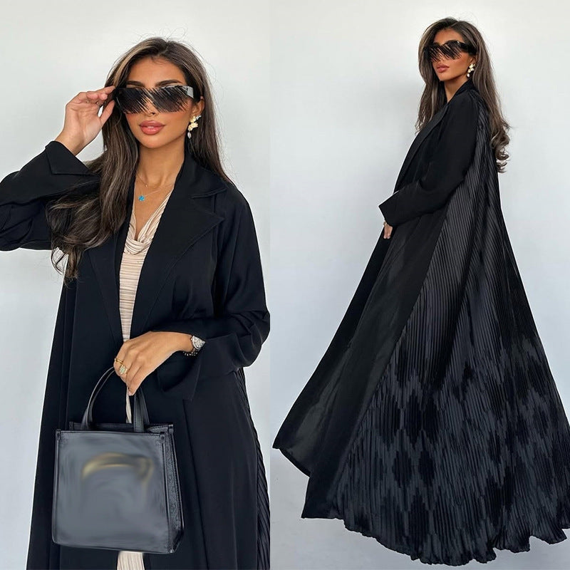 Black suit collar pleated patchwork long cardigan jacket