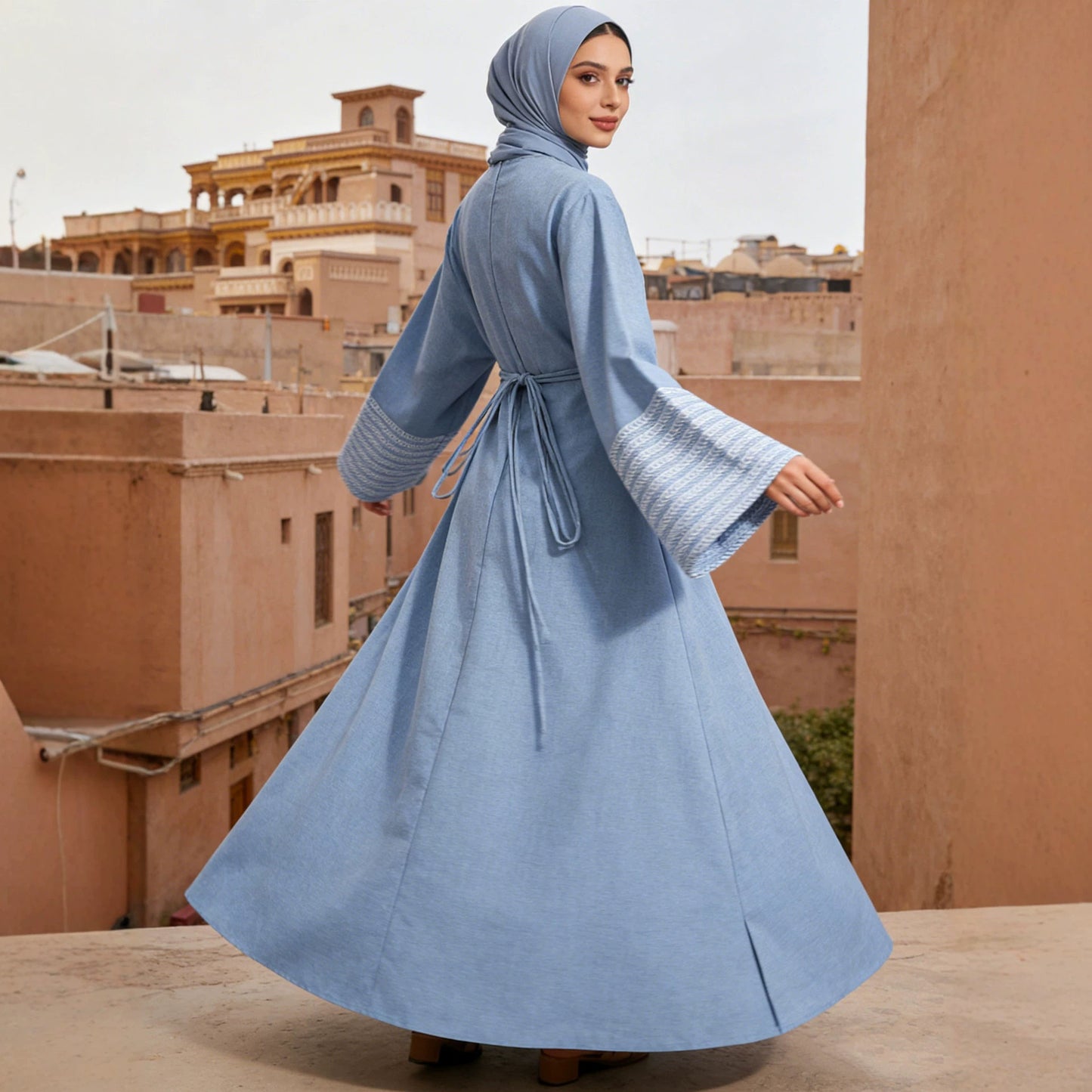 Oversized Dress with Heavy Embroidery and Tie-up Long Skirt for Women