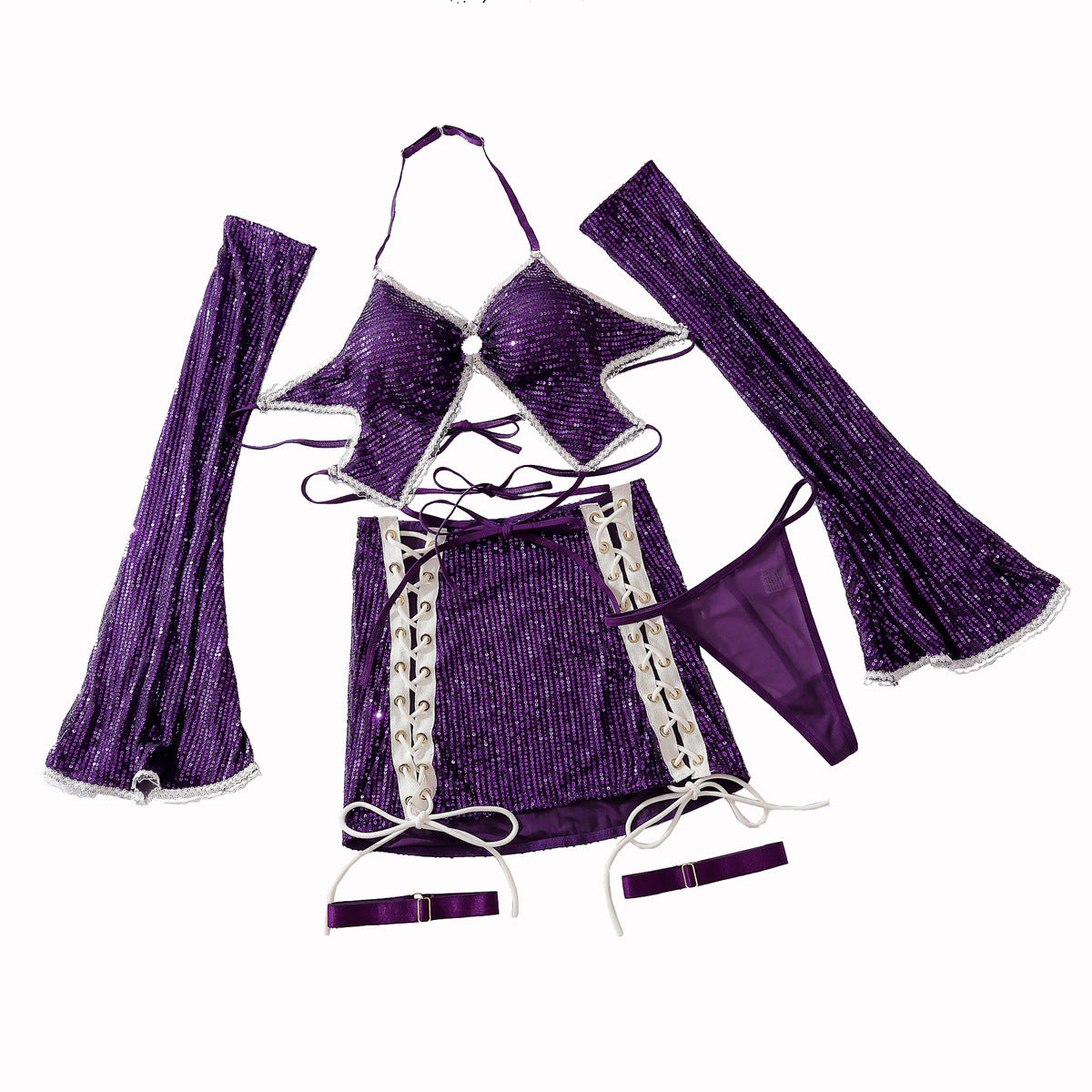 Hollow neck hanging bow vest sexy spicy girl tie without steel ring underwear short skirt set