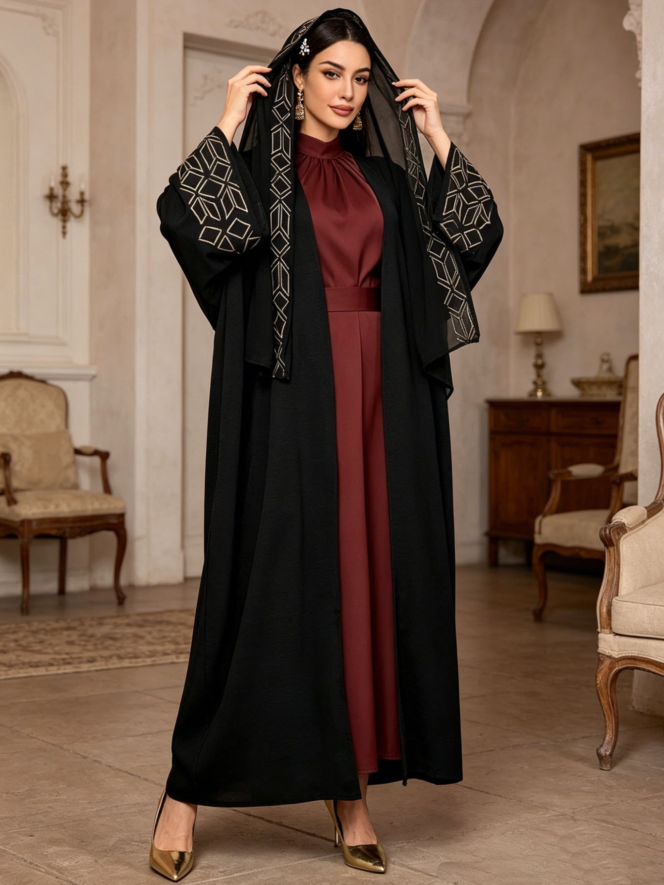 Dress with Long Sleeve and Headscarf, Black Women's Robe Style Dress