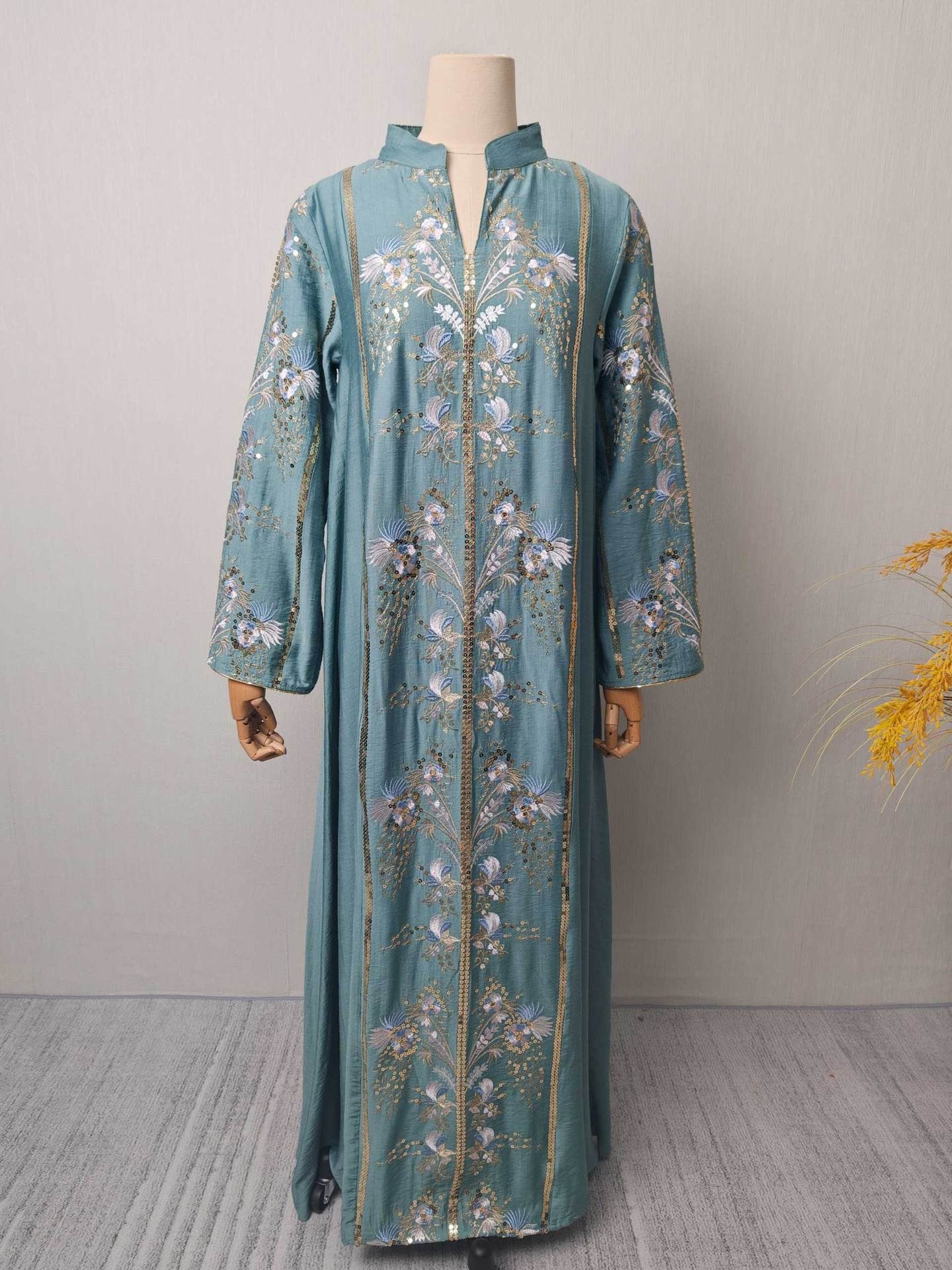 V-Neck Long Dress with Floral Pattern