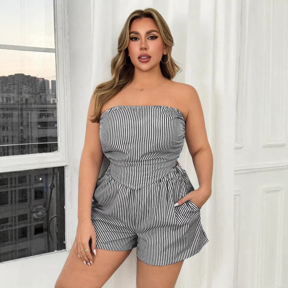New  Women's Sexy Striped Crop Top and Shorts Two-piece Set