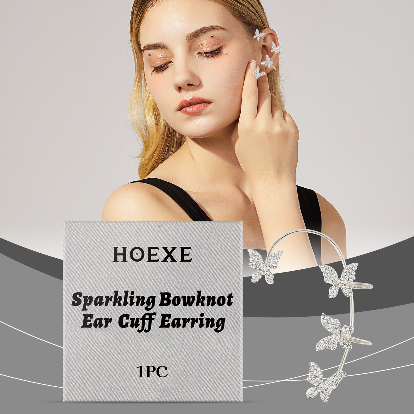 Hoexe Shiny Bow Ear Clip Diamond-Encrusting Butterfly Niche Ear Clip Fashion Everything Temperament No Piercing Ear Clip
