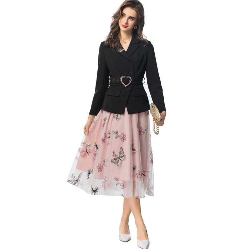 Lapel Belted Long Sleeve Suit Jacket + Mesh Skirt Set Women's European and American Style Autumn Winter