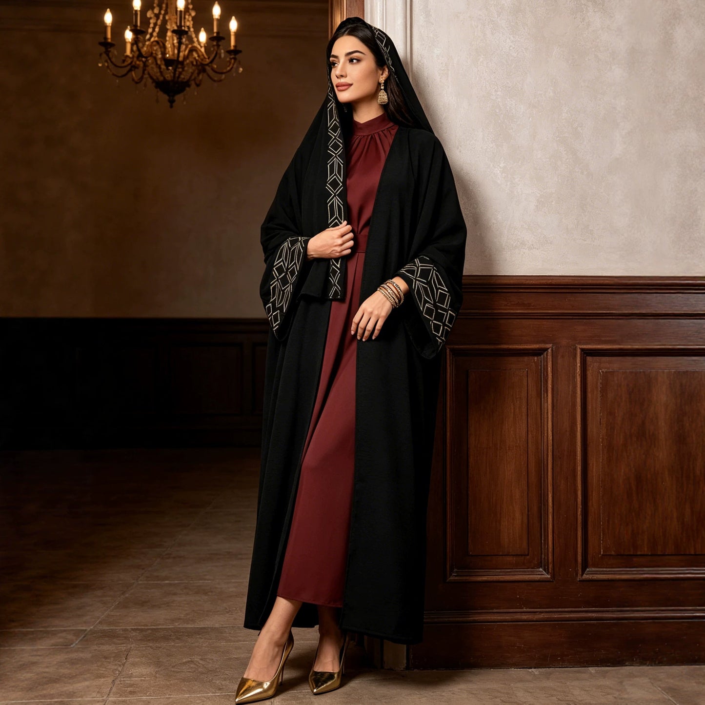 Dress with Long Sleeve and Headscarf, Black Women's Robe Style Dress