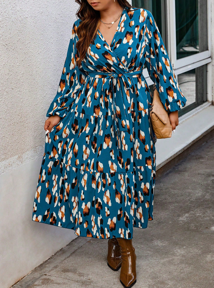 Elegant V-Neck Printed Long Sleeve Dress for Women