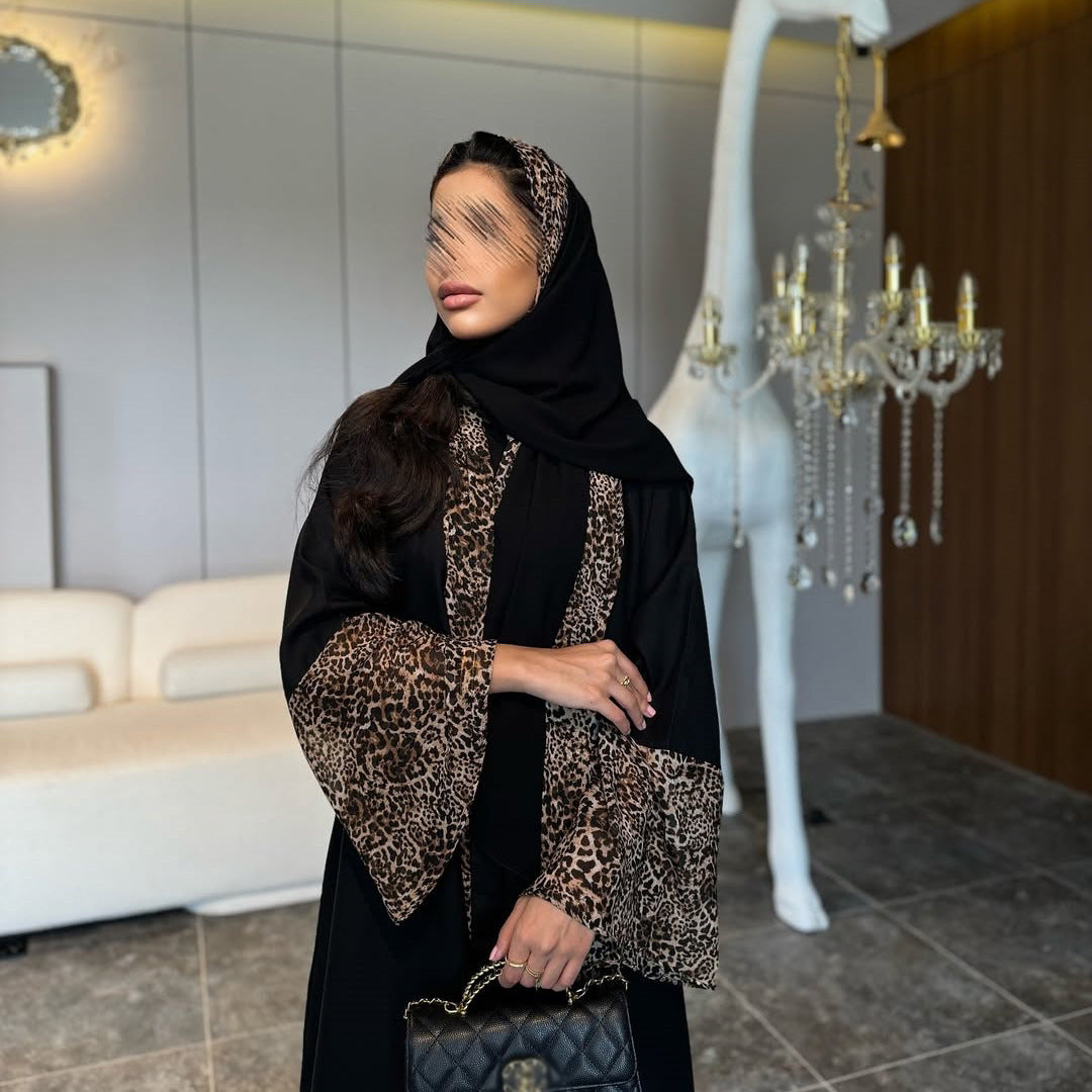 Two piece set of women's leopard print spliced split flared sleeve cardigan and headscarf