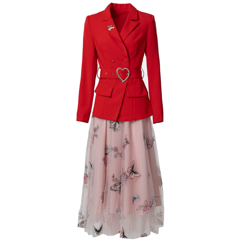 Lapel Belted Long Sleeve Suit Jacket + Mesh Skirt Set Women's European and American Style Autumn Winter
