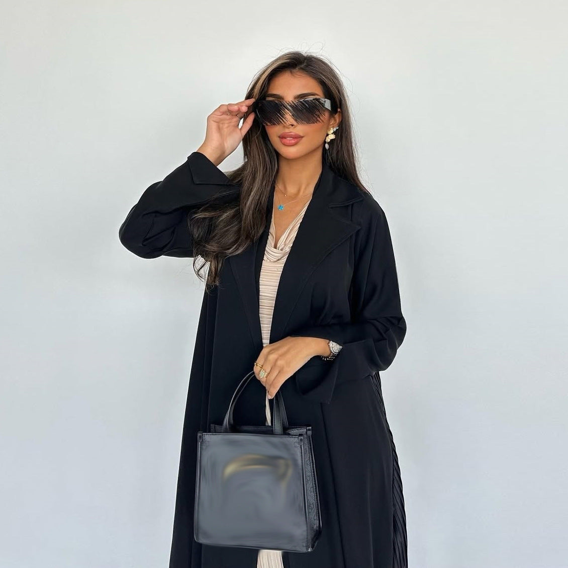 Black suit collar pleated patchwork long cardigan jacket