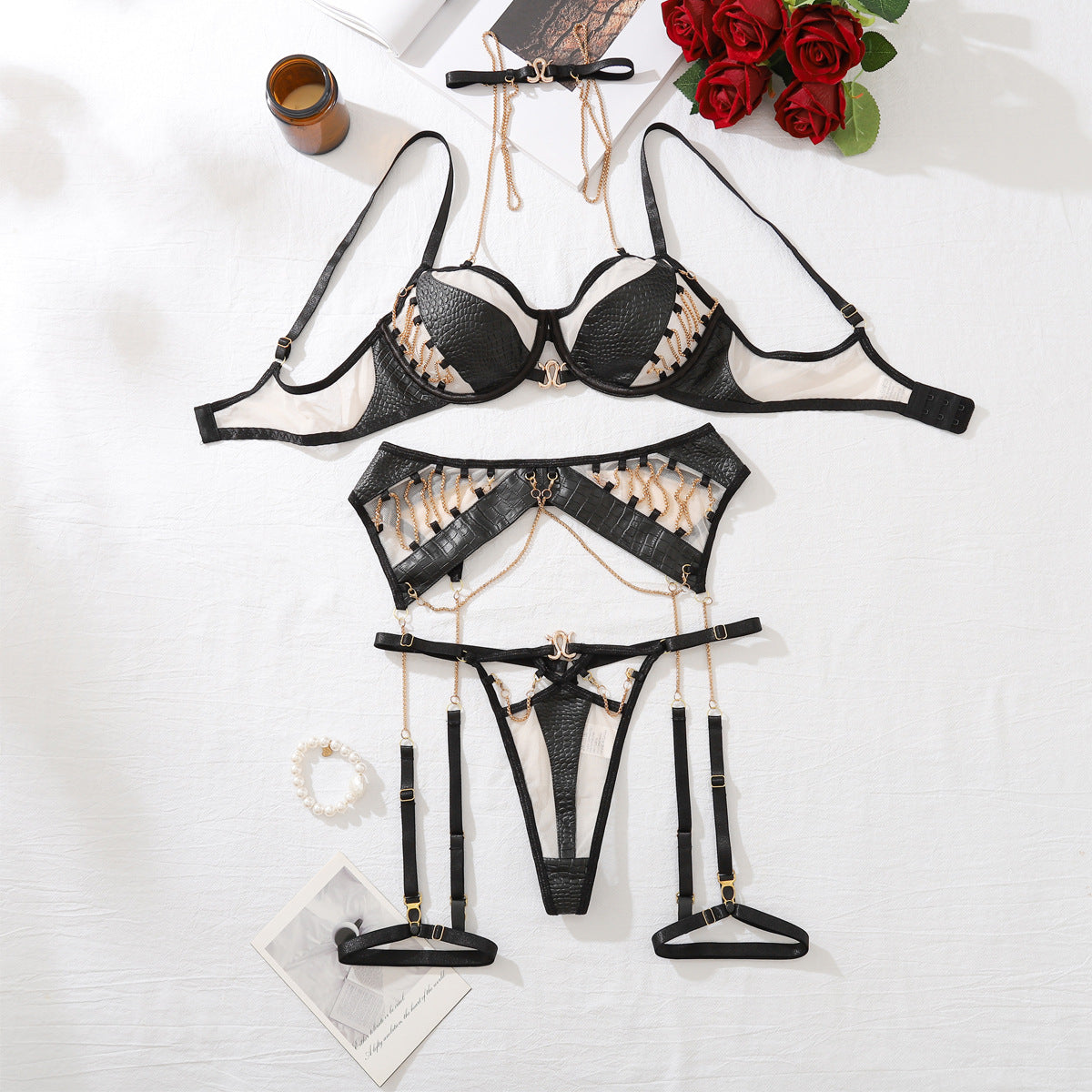 Metal Chain Motorcycle Painted Leather Clothing Sexy Underwear Splicing Complex Craftsmanship Charm Six piece Set